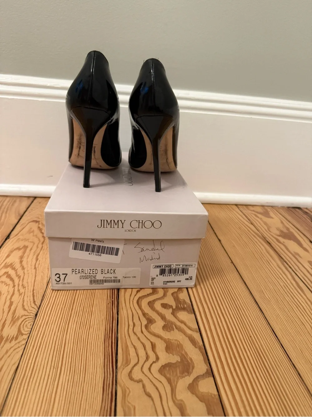 Jimmy Choo Black Patent Leather Peep-Toe Pumps with Gold Buckles